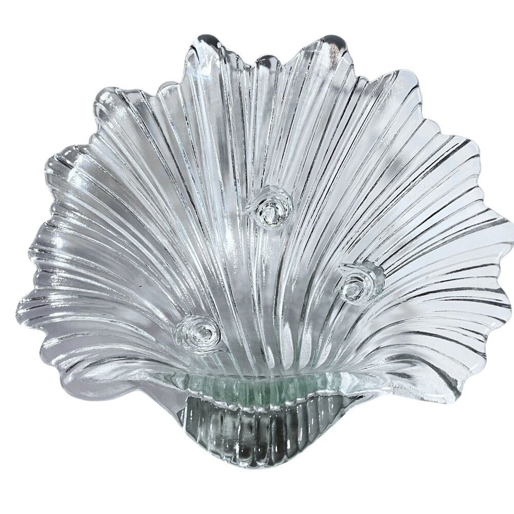 Vtg Mikasa Seascape Clear Glass Shell Shaped‎ Bowl Textured Ridges Pedestal Feet